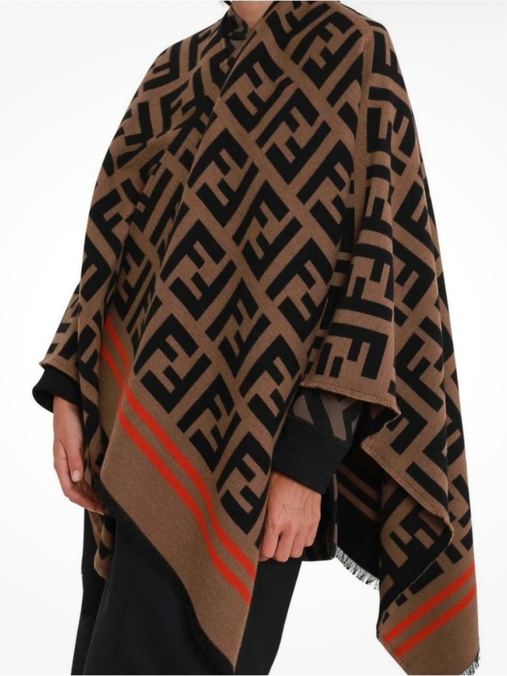Fendi Brown and Black Monogram Poncho with Red Accent